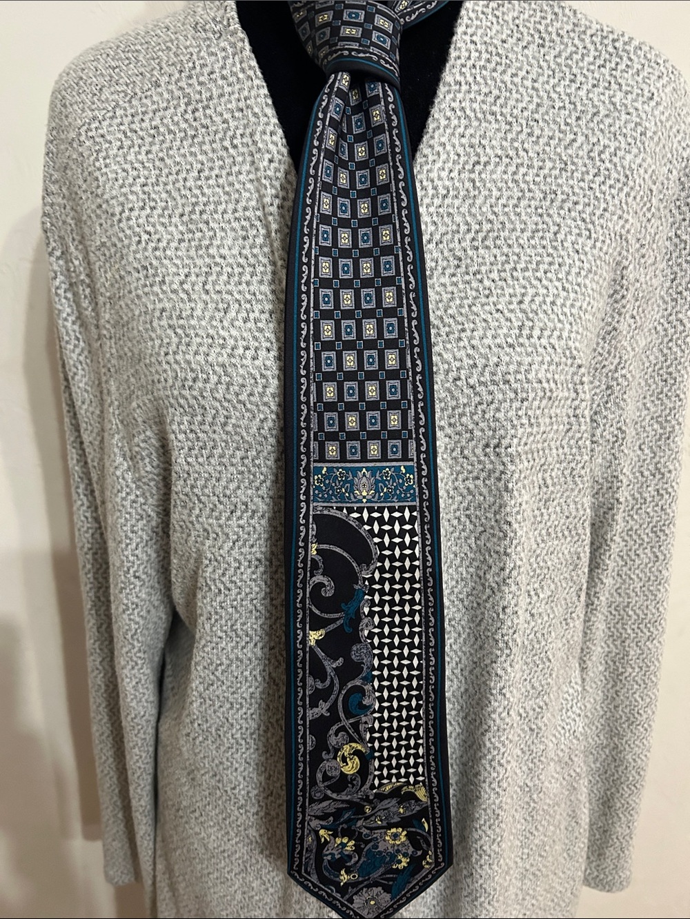 Desantis Tie Handmade Silk Patterned Skinny Tie in Black and Teal 56 Inch 3 W